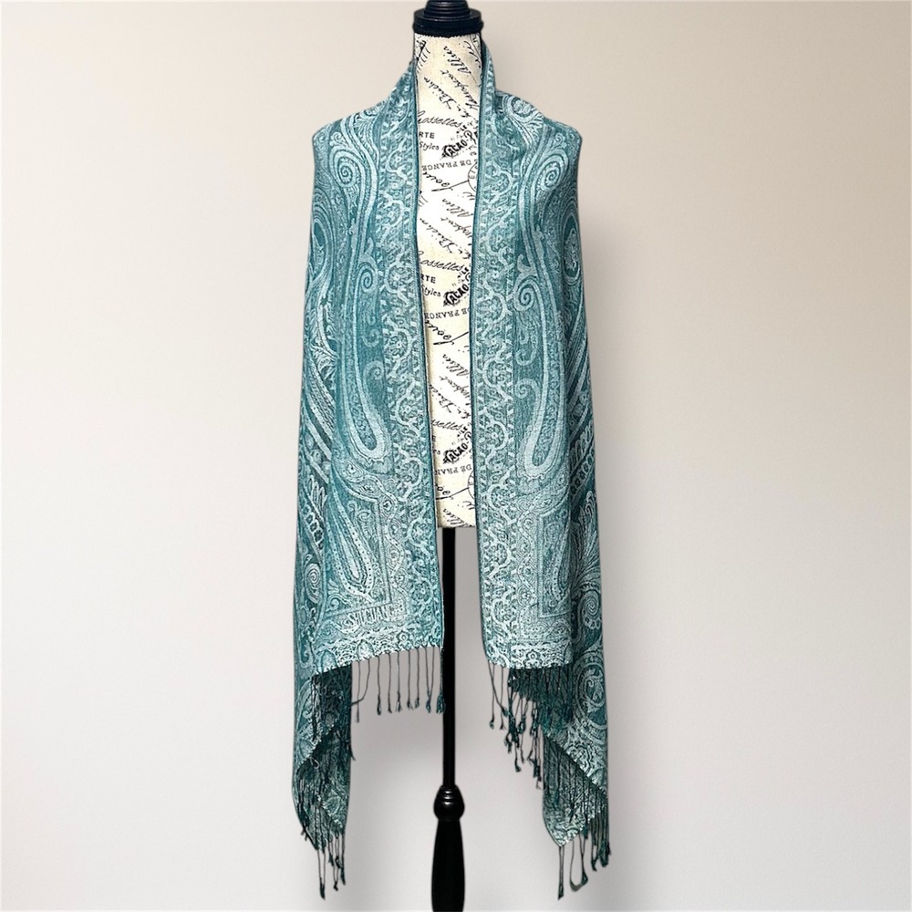 Pashmina Silk Teal Thread Paisley Shawl Wrap Scarf Fringe Boho Travel - Picture 2 of 11